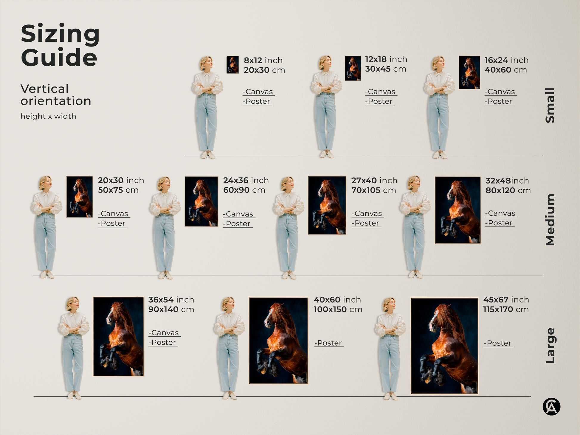 Sizing guide for vertical rearing horse artwork. Visualize canvas and poster sizes from small to large. Find the ideal dimensions for your equine animal artwork. Perfect for entry halls ranch style homes. Choose the perfect scale for your space.