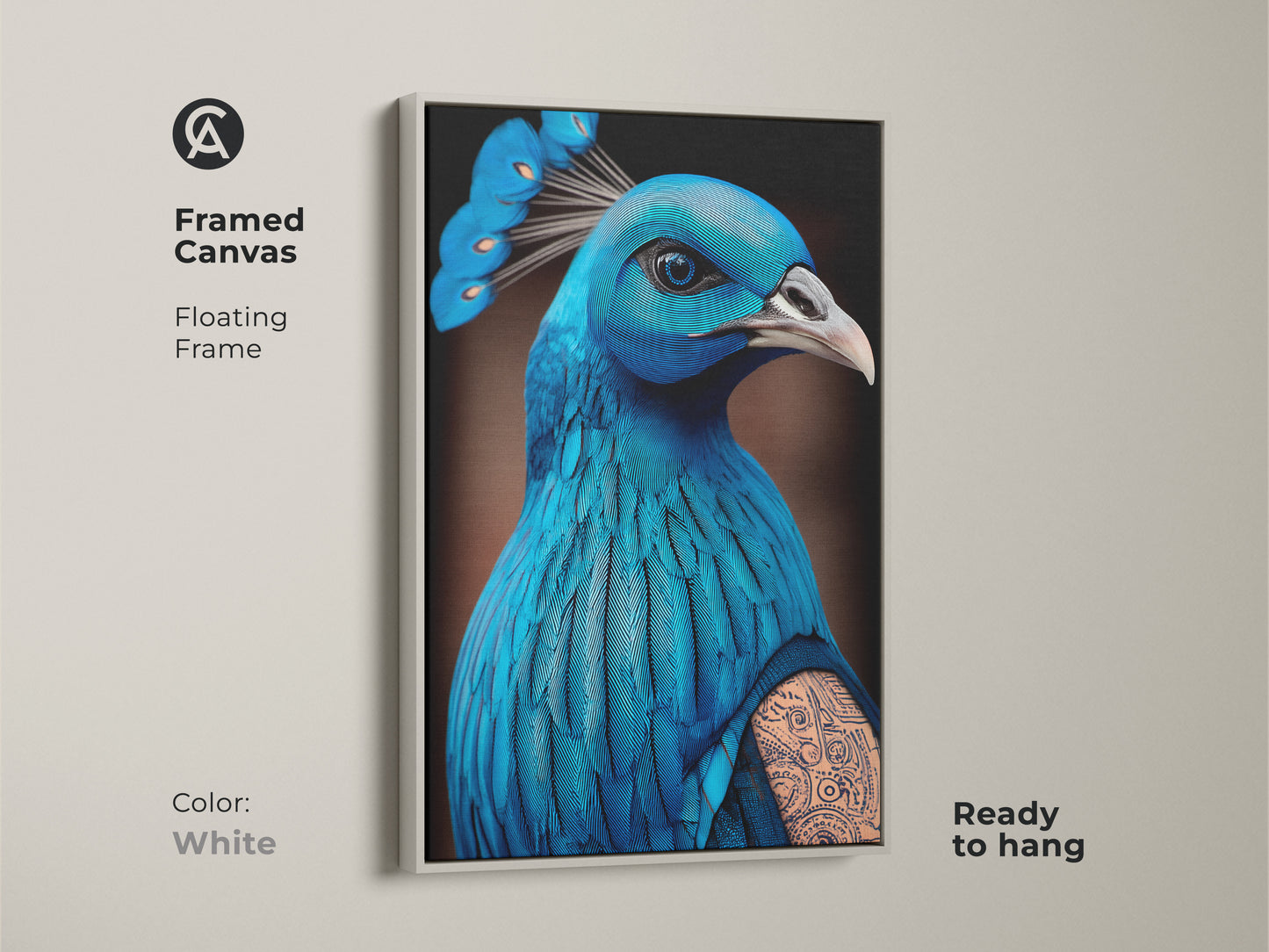 Framed canvas featuring surreal peacock artwork. The floating frame is white. This fantasy art gift comes alive with electric blue and cyan tones. An eclectic animal art feel with a tattoo art style. The canvas print is ready to hang.