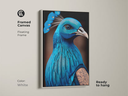Framed canvas featuring surreal peacock artwork. The floating frame is white. This fantasy art gift comes alive with electric blue and cyan tones. An eclectic animal art feel with a tattoo art style. The canvas print is ready to hang.