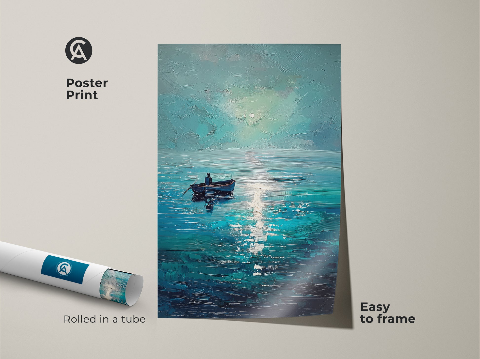 Poster print of an impressionistic seascape. The deep blue ocean artwork arrives rolled in a tube ready to frame. This teal aqua seascape art brings a calm water wall hanging to any space. A great gift for boat lovers.