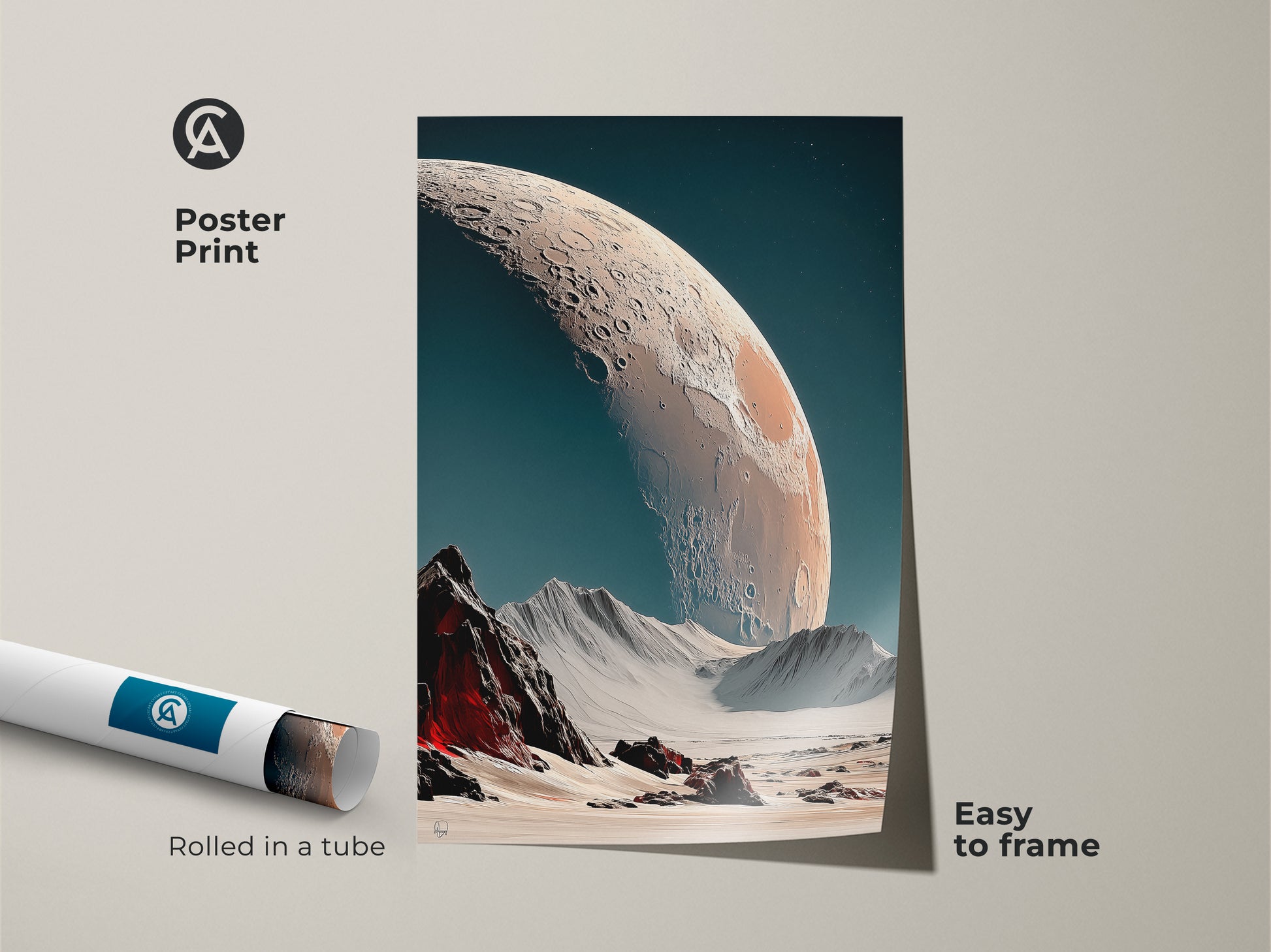 Surreal space landscape poster print. The artwork shows a cratered planet and lunar scenery. The poster is rolled in a tube making it easy to frame. The contemporary art print features deep space blue tones. This is perfect for sci-fi lovers seeking unique home decor.