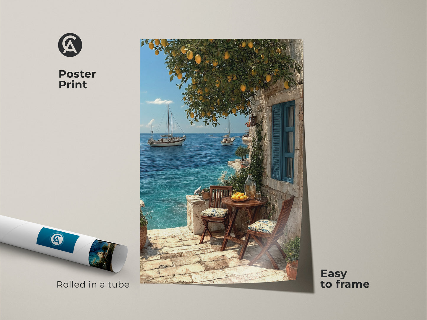 A Mediterranean coastal art print is rolled in a tube ready to frame. The artwork shows sailboats on a clear blue sea under a lemon tree. This poster print is easy to frame. Ideal for adding a touch of coastal charm to your home. It's a great travel destination print for seaside villa art.