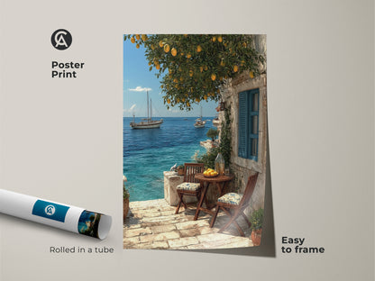 A Mediterranean coastal art print is rolled in a tube ready to frame. The artwork shows sailboats on a clear blue sea under a lemon tree. This poster print is easy to frame. Ideal for adding a touch of coastal charm to your home. It's a great travel destination print for seaside villa art.
