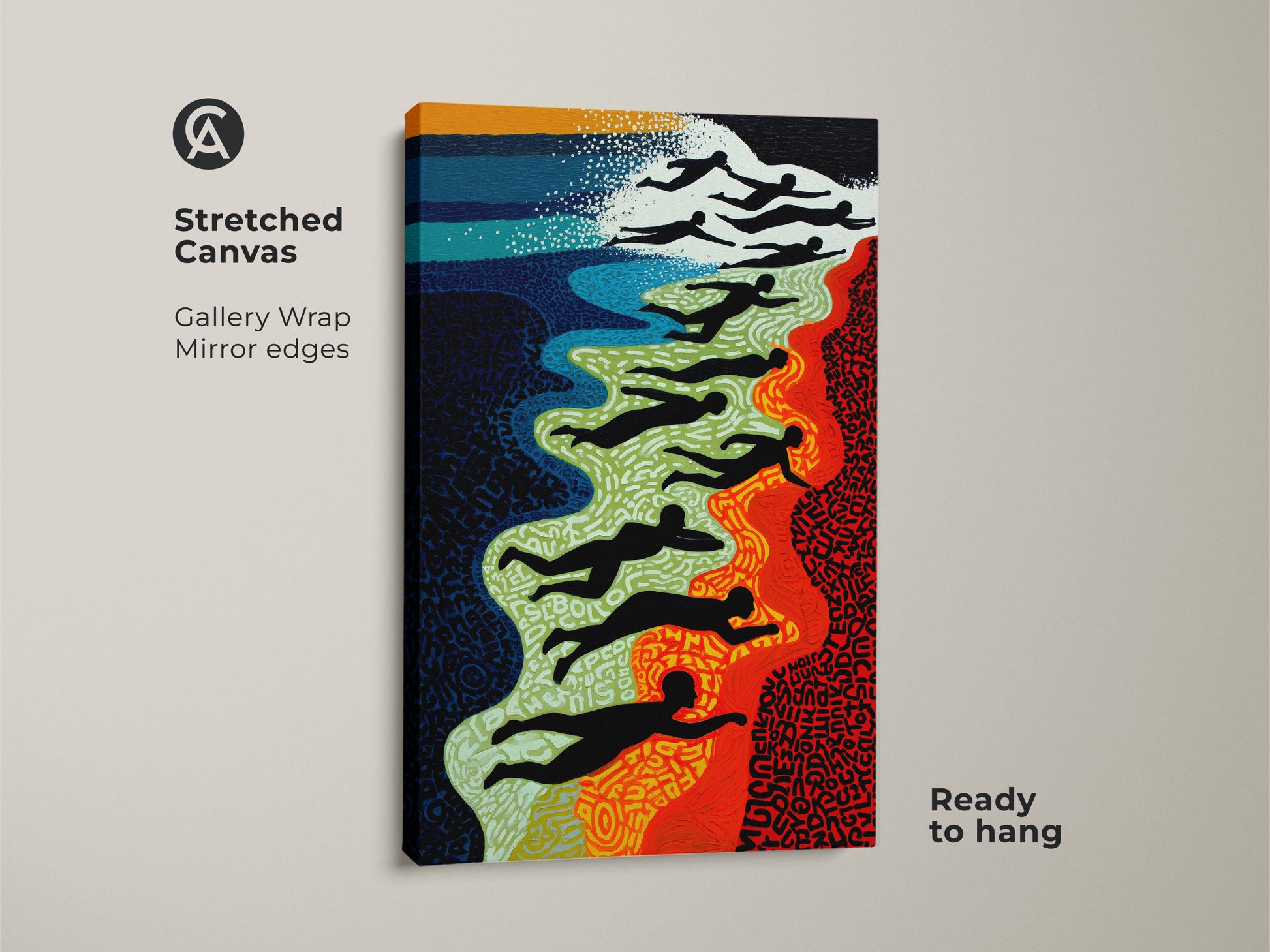 Stretched canvas print of Abstract Swimmers Wall Art. This modern folk artwork adds a coastal touch to any room. Gallery wrapped with mirror edges makes it ready to hang.