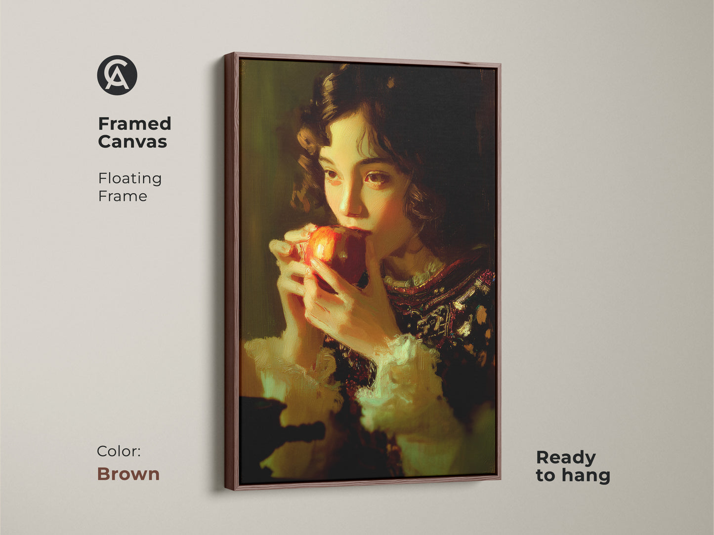 Framed canvas with a floating brown frame featuring a girl eating an apple. Classical realism wall art is ready to hang. Chiaroscuro art print in a traditional style. A vintage style kitchen art piece. The red fruit still life print enhances a classic dining room.