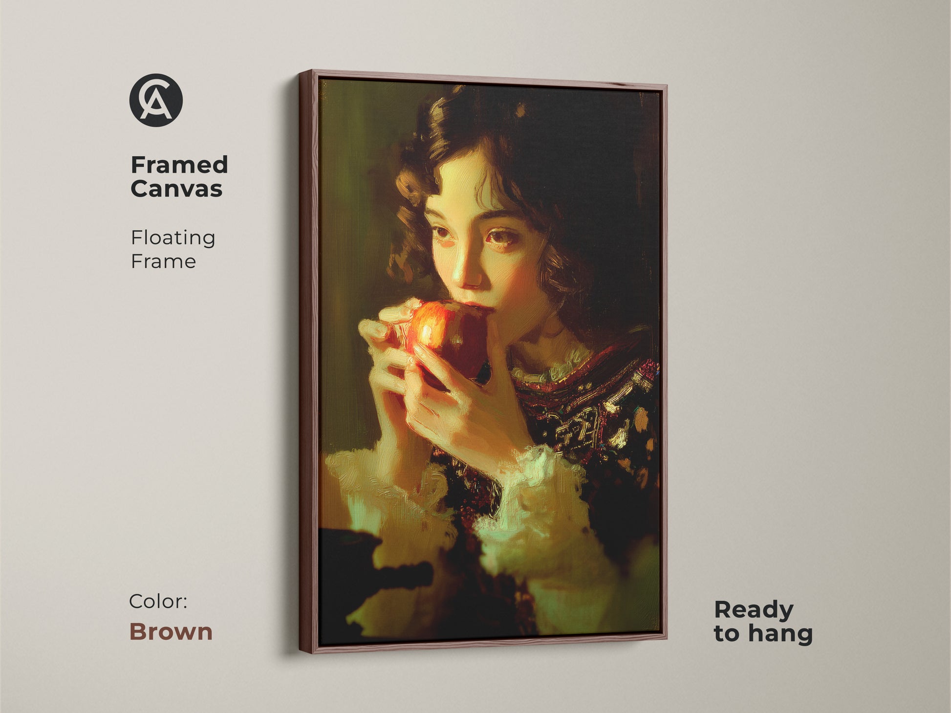 Framed canvas with a floating brown frame featuring a girl eating an apple. Classical realism wall art is ready to hang. Chiaroscuro art print in a traditional style. A vintage style kitchen art piece. The red fruit still life print enhances a classic dining room.