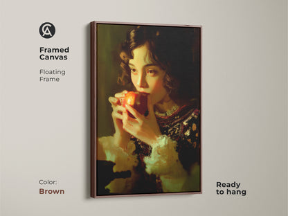 Framed canvas with a floating brown frame featuring a girl eating an apple. Classical realism wall art is ready to hang. Chiaroscuro art print in a traditional style. A vintage style kitchen art piece. The red fruit still life print enhances a classic dining room.