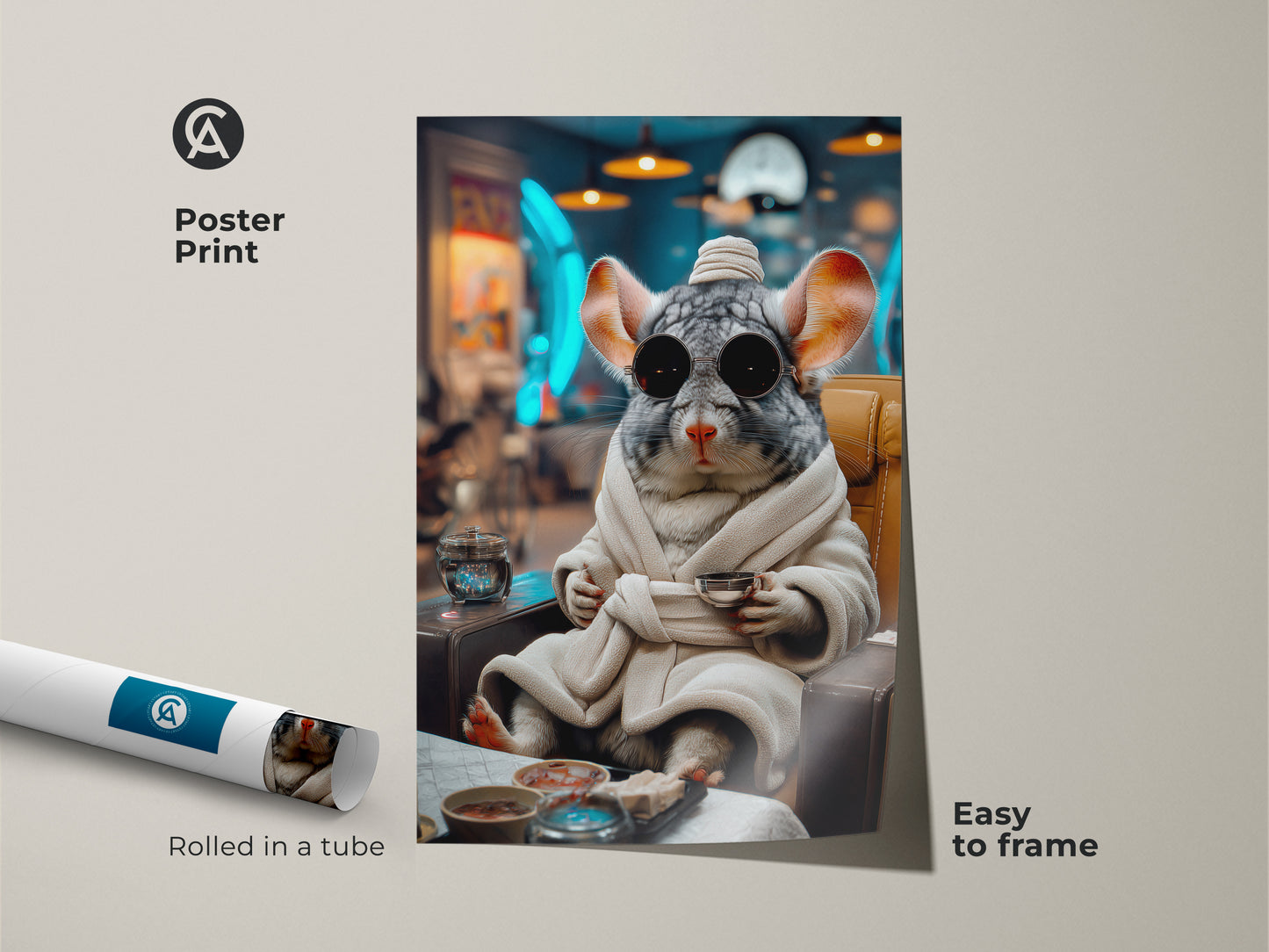 This surreal chinchilla poster print displays a funny animal in a robe holding a cup. The artwork is rolled in a tube for protection. The gray brown and teal art is perfect for eclectic home decor.