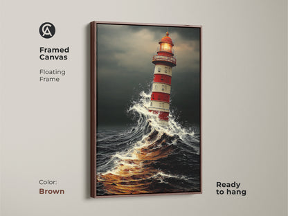Brown framed canvas showing Nautical Lighthouse artwork. This ocean waves seascape print embodies a maritime theme. This red lighthouse painting would be ready to hang in any home.