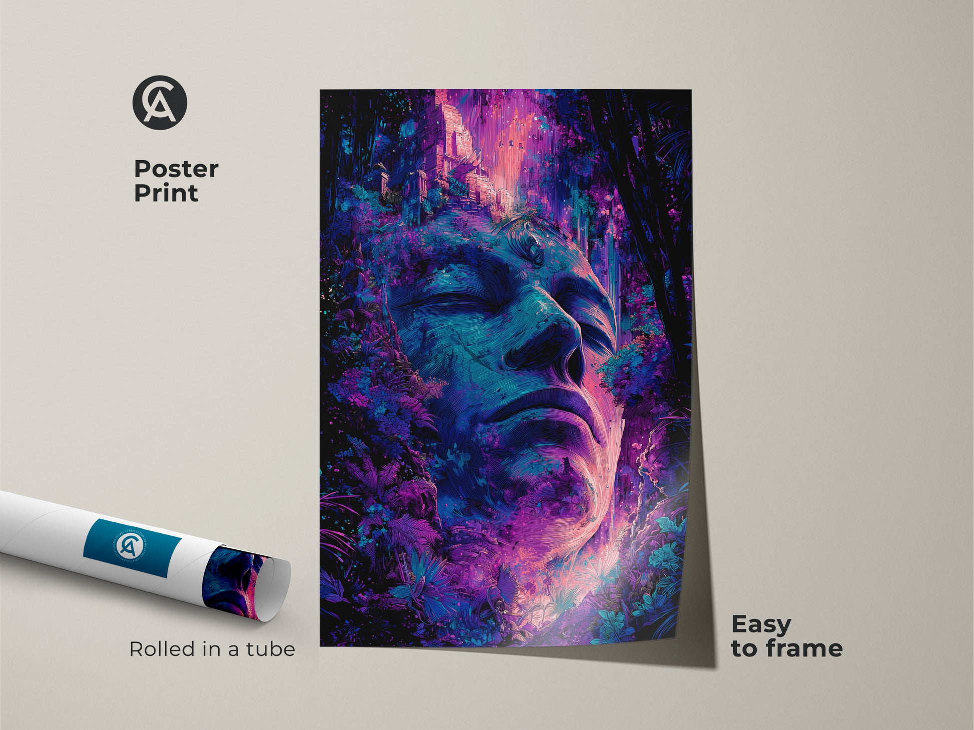 Poster print of a calming face and jungle scene. This wall art is easy to frame and display. The artwork features vibrant colors and intricate details. Rolled in a tube for safe shipping. Ideal for adding a modern touch to any room.