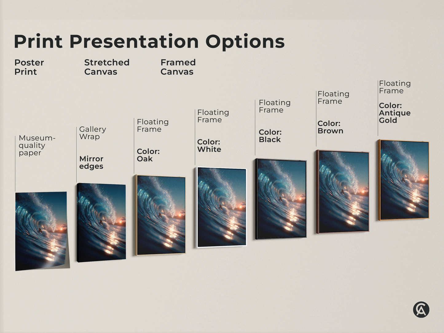 Explore print presentation options for surfer artwork. Choose from poster prints stretched canvas or framed canvas. Select a floating frame in various colors. Find the perfect piece to match your style. Transform your space with ocean art.