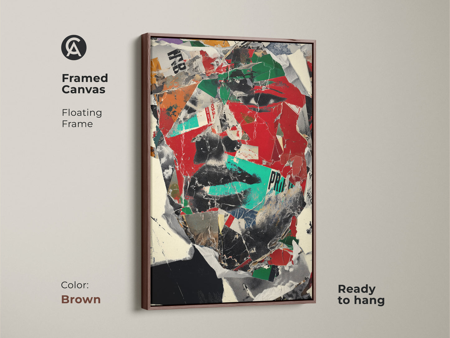 Framed canvas of an abstract face portrait in a brown floating frame. The artwork combines red black and green hues creating an eclectic wall art piece. Ready to hang this collage face artwork enhances any space.