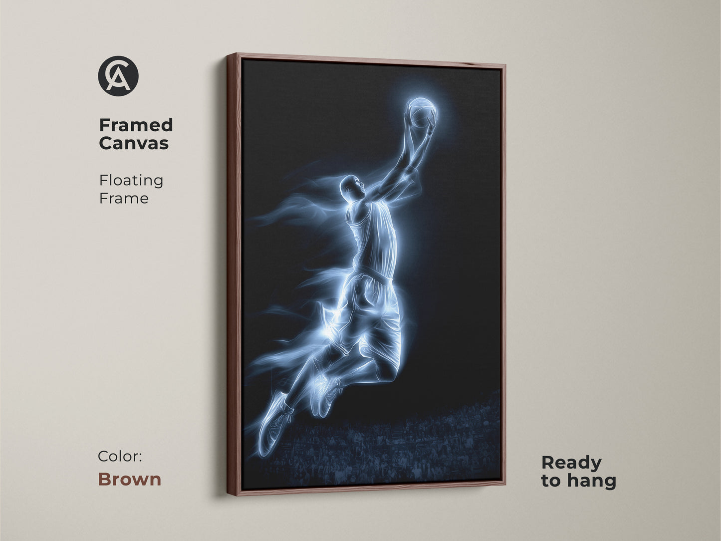 Framed canvas of a basketball player dunking. The artwork has a floating brown frame. It is ready to hang. This sports art is perfect for basketball fans. Order the canvas today