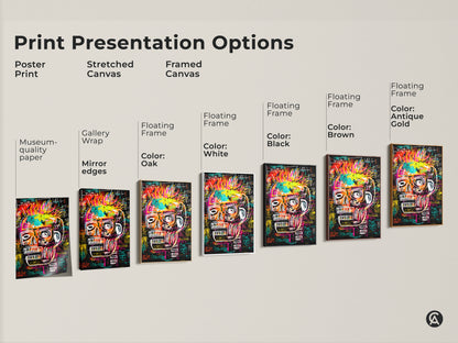 Explore print presentation options for Basquiat-inspired skull artwork. Choose from poster prints or stretched canvas. Select a framed canvas with various floating frame colors. Find the perfect medium to showcase this iconic art.