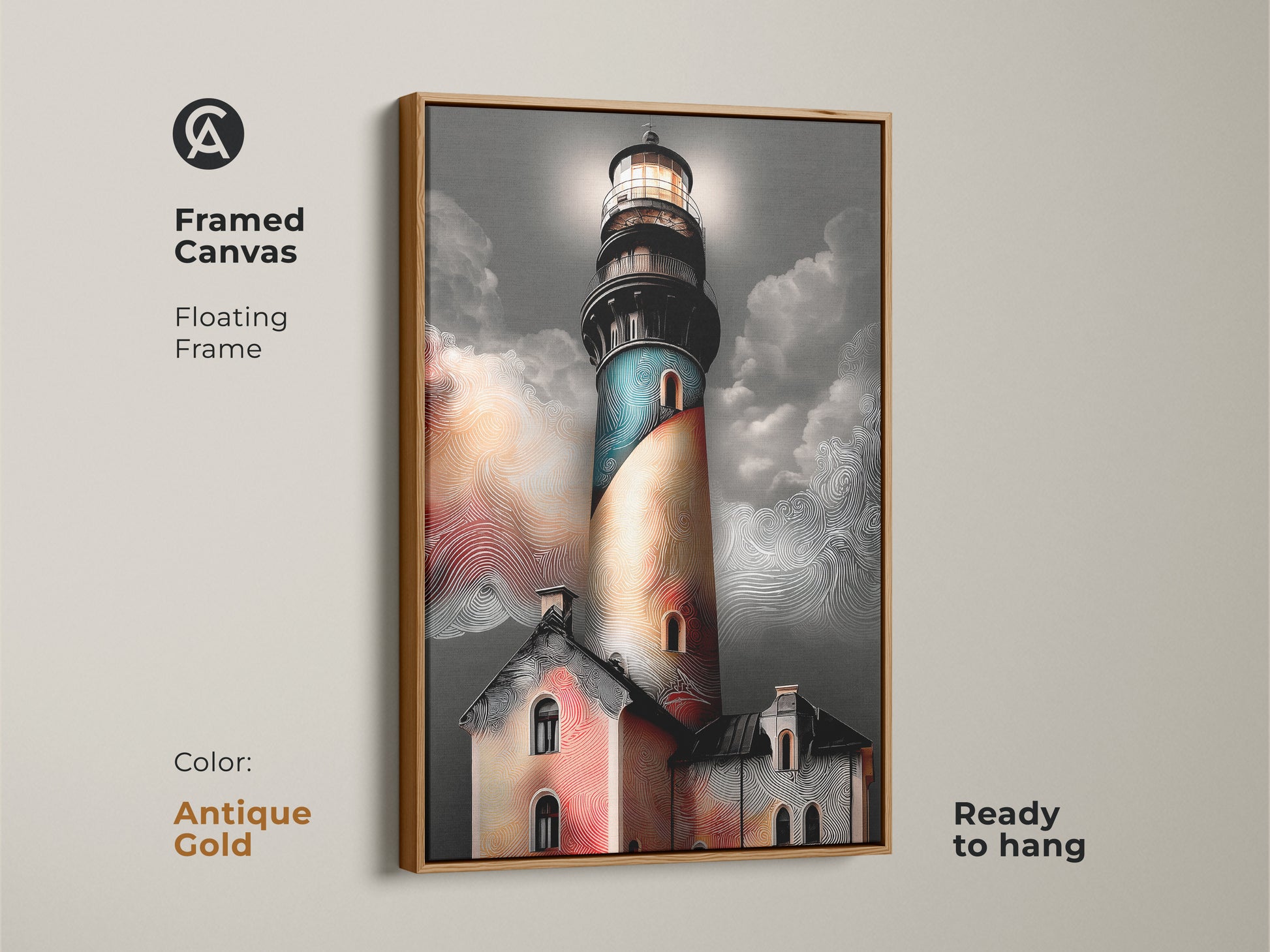 Framed canvas featuring a coastal lighthouse artwork with an antique gold floating frame. This wall art uses teal orange and grey tones. This nautical canvas is ready to hang. Coastal artwork for living spaces.