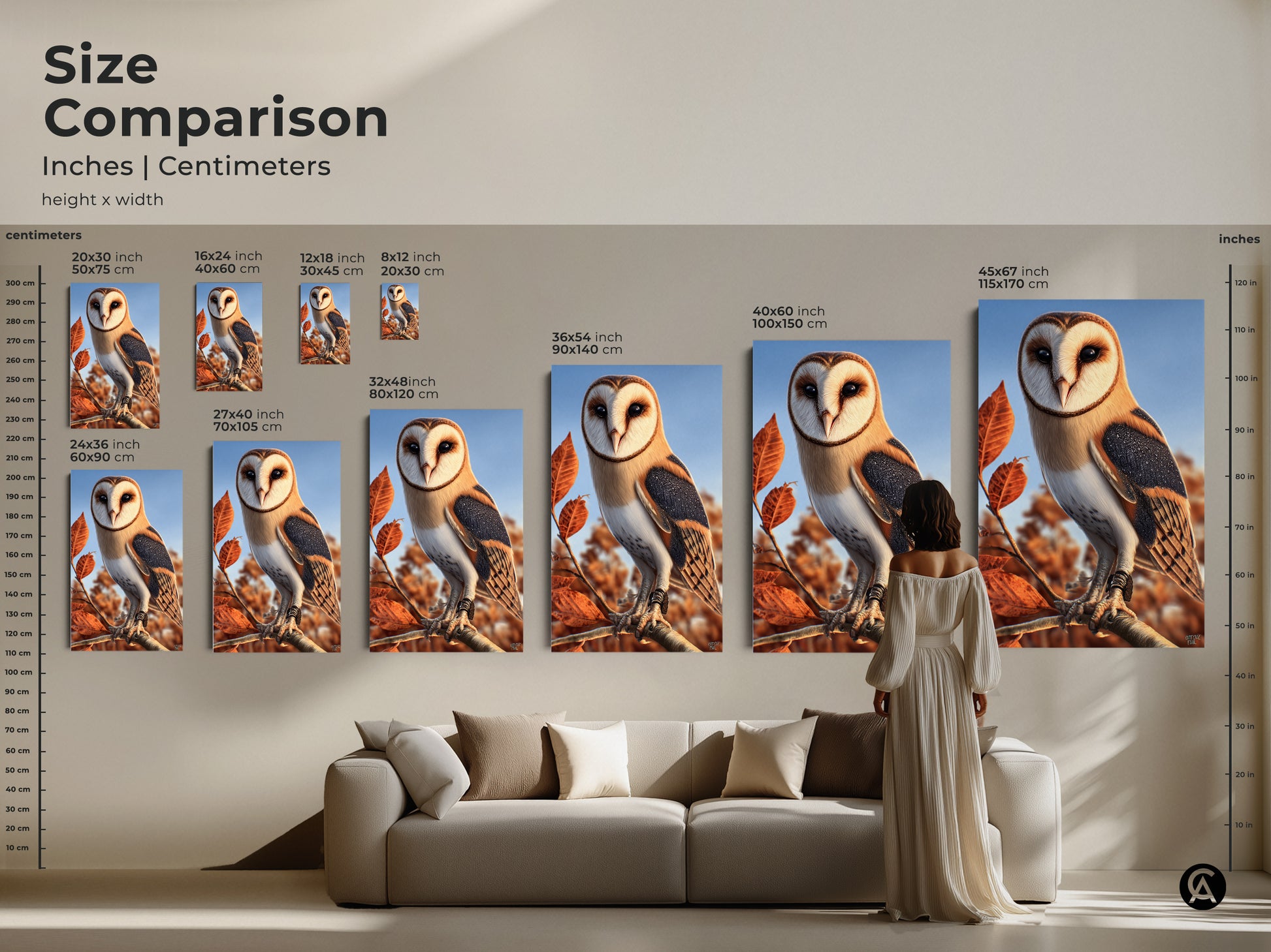 Size comparison of barn owl art prints in inches and centimeters. A person is standing next to a sofa. This showcases the 20x30 to 45x67 inch artwork sizes. This realistic wildlife canvas art is suitable for any space.