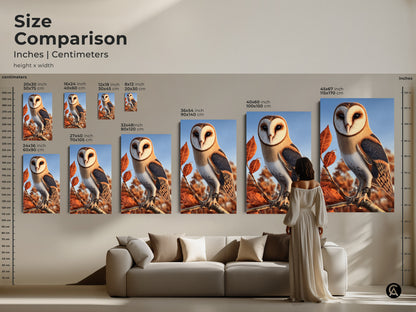 Size comparison of barn owl art prints in inches and centimeters. A person is standing next to a sofa. This showcases the 20x30 to 45x67 inch artwork sizes. This realistic wildlife canvas art is suitable for any space.