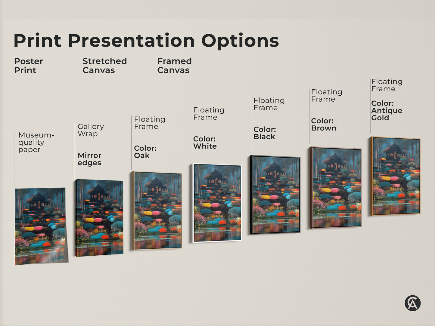 Explore print options for eclectic temple garden wall art. Choose from poster stretched or framed canvas. Each offers unique features. Ideal for travel lovers seeking colorful vibrant home decor and unique gifts.