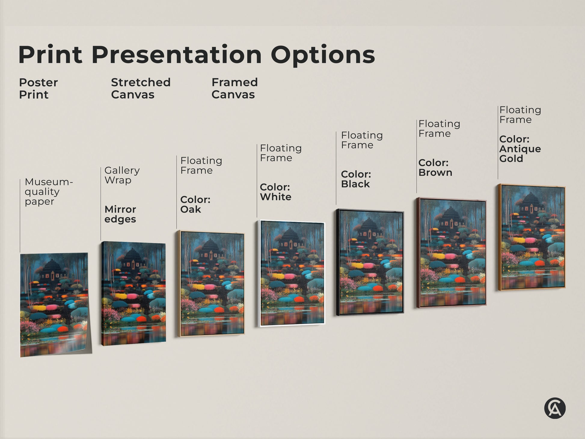 Explore print options for eclectic temple garden wall art. Choose from poster stretched or framed canvas. Each offers unique features. Ideal for travel lovers seeking colorful vibrant home decor and unique gifts.
