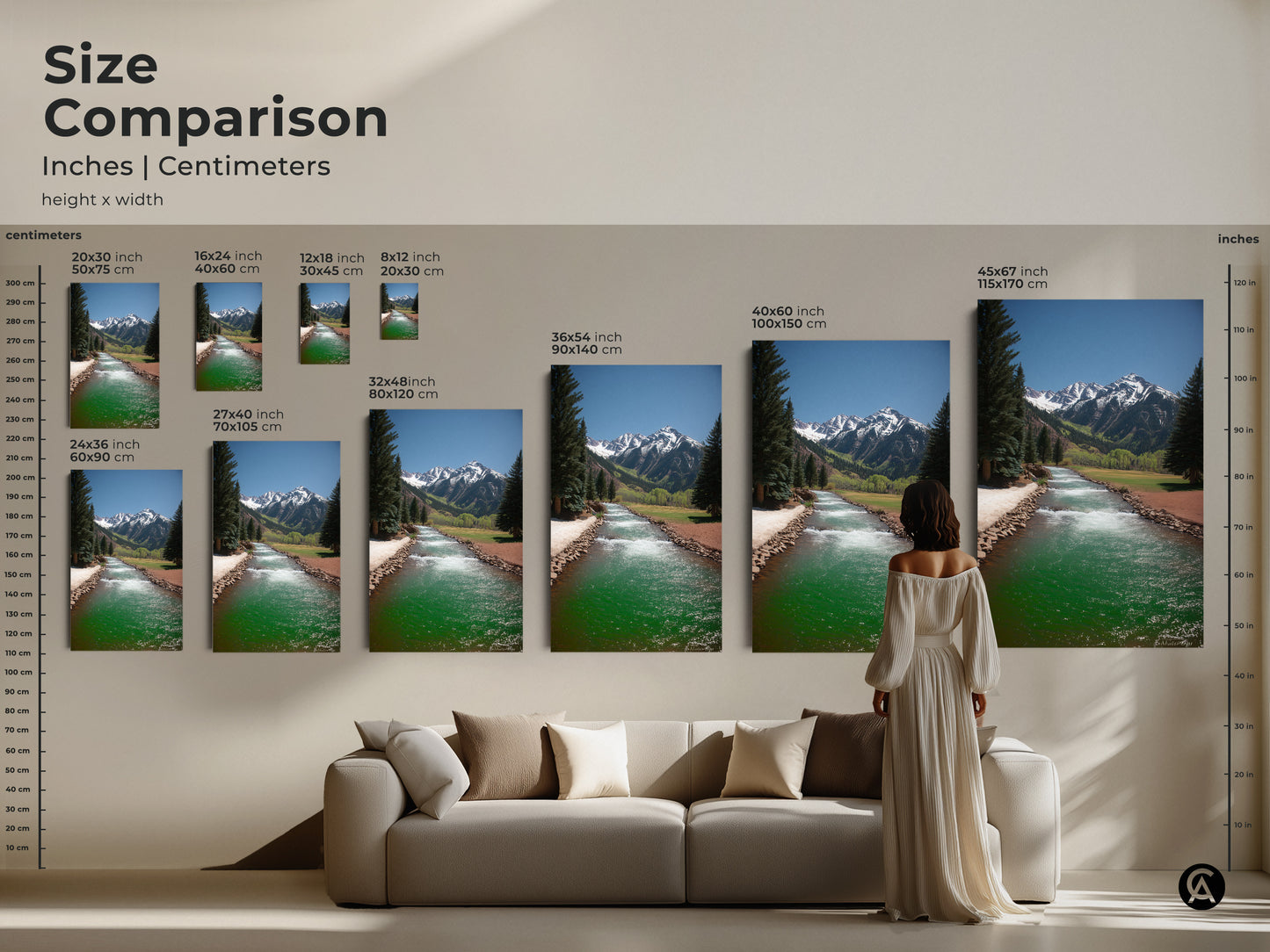 Size comparison of mountain river landscape art in inches and centimeters. A woman stands near a sofa to showcase the scale of each canvas. Ranging from small to extra large find the ideal size for your home decor. This rustic artwork features turquoise water.
