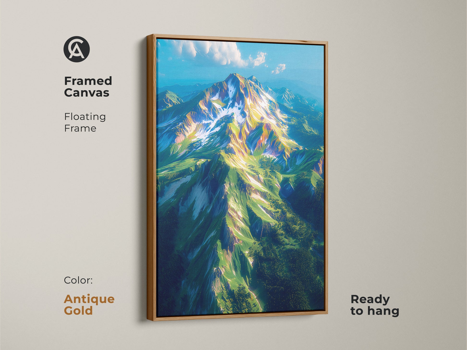 Framed canvas artwork of a majestic mountain landscape. The antique gold floating frame adds a touch of sophistication. Ready to hang this art enhances any interior. The fine art print brings the beauty of nature inside. Perfect for adding elegance.