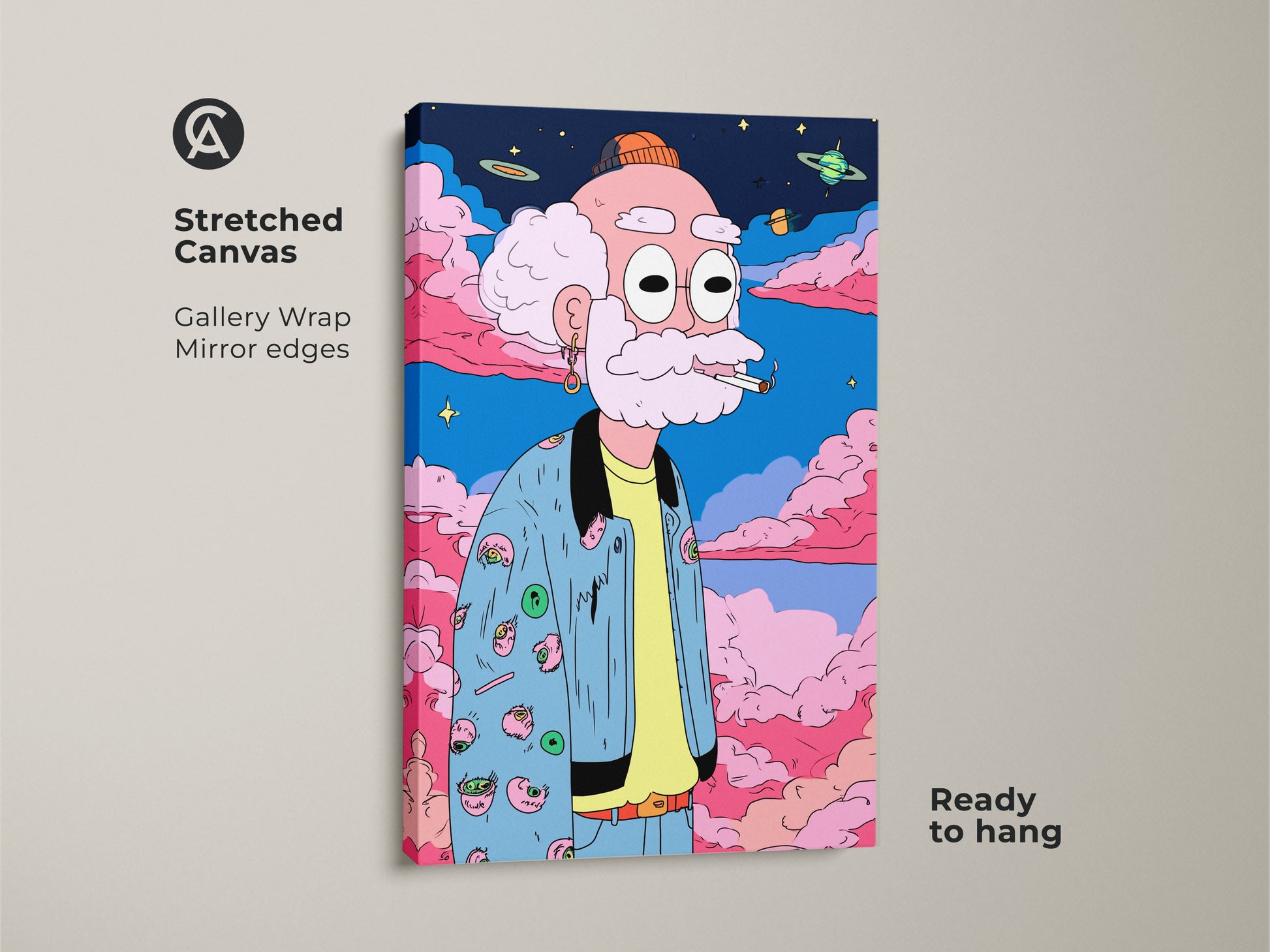 Stretched canvas art print featuring a cartoon old man smoking. The gallery wrap canvas has mirrored edges. A fun art piece with planets and clouds. Purchase this unique ready to hang artwork today.