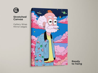 Stretched canvas art print featuring a cartoon old man smoking. The gallery wrap canvas has mirrored edges. A fun art piece with planets and clouds. Purchase this unique ready to hang artwork today.