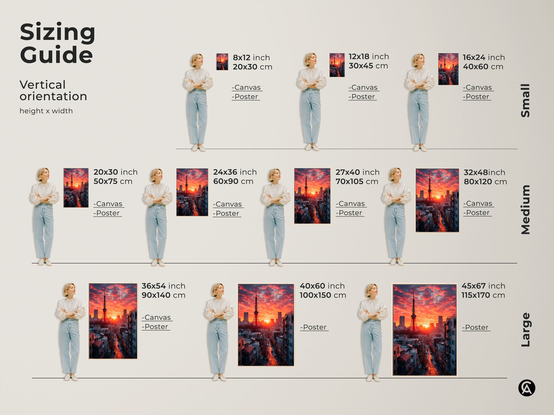 Discover the perfect size for your Tokyo Cityscape Canvas Print with our sizing guide. Vertical orientation canvas and poster options from small to large. Find the ideal fit to showcase this striking crimson sunset art in any room enhancing your space.