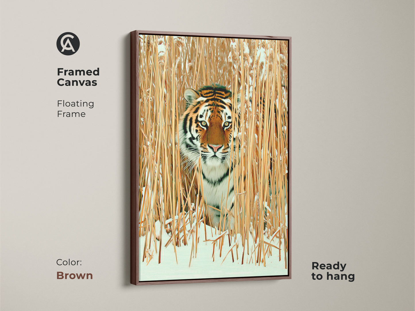Framed canvas with a brown floating frame of tiger in winter reeds. A ready to hang wildlife art piece adds warmth and rustic charm. Enjoy realistic tiger print in orange brown and gold tones. The artwork blends seamlessly with nature inspired decor.