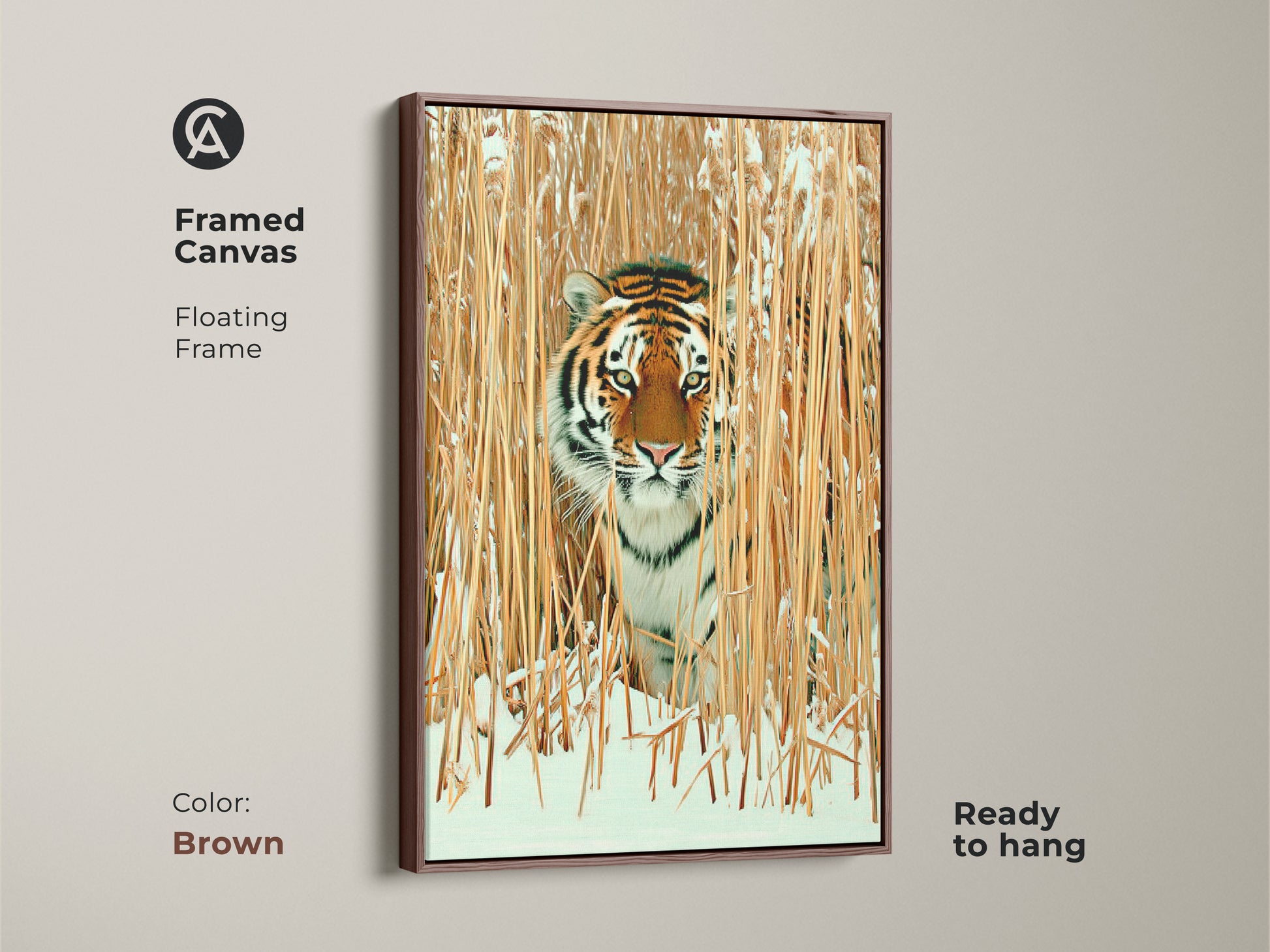 Framed canvas with a brown floating frame of tiger in winter reeds. A ready to hang wildlife art piece adds warmth and rustic charm. Enjoy realistic tiger print in orange brown and gold tones. The artwork blends seamlessly with nature inspired decor.