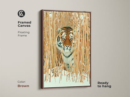Framed canvas with a brown floating frame of tiger in winter reeds. A ready to hang wildlife art piece adds warmth and rustic charm. Enjoy realistic tiger print in orange brown and gold tones. The artwork blends seamlessly with nature inspired decor.