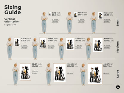 Sizing Guide for Cat Family Wall Art Prints. See how the vertical orientation artwork looks in small medium and large sizes. Visualize the perfect fit for your bedroom or living space.