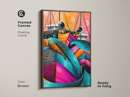 Framed canvas of a crab art. This marine life artwork is in a brown floating frame. The abstract print has teal pink and orange. It will complement any eclectic decor. This nautical wall hanging brings a coastal charm. It's ideal for beach-themed homes.