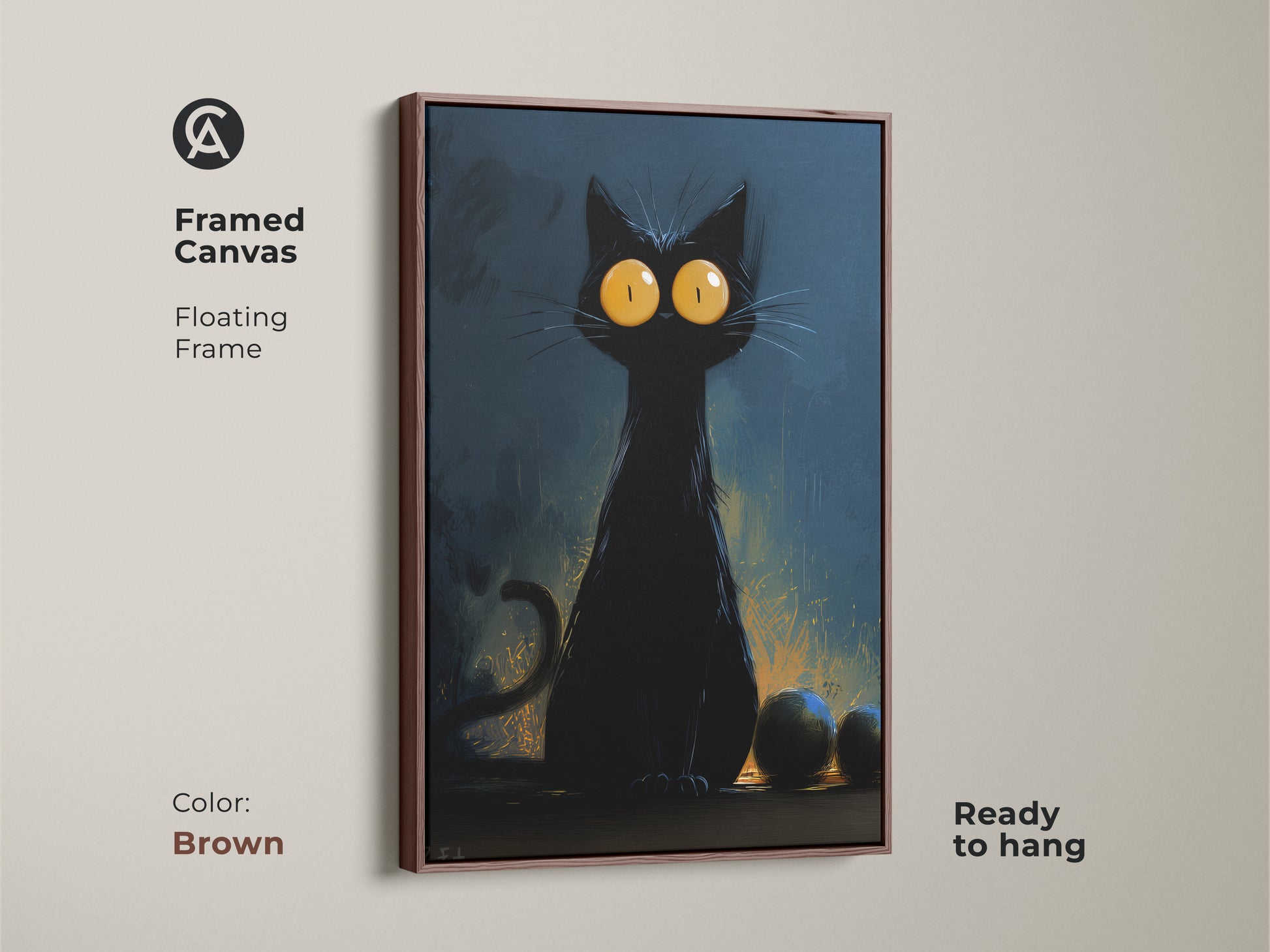 Framed canvas art featuring a black cat with big yellow eyes. The brown frame complements the gothic artwork. This cat lover gift is perfect for eclectic home decor. Ready to hang for easy display.