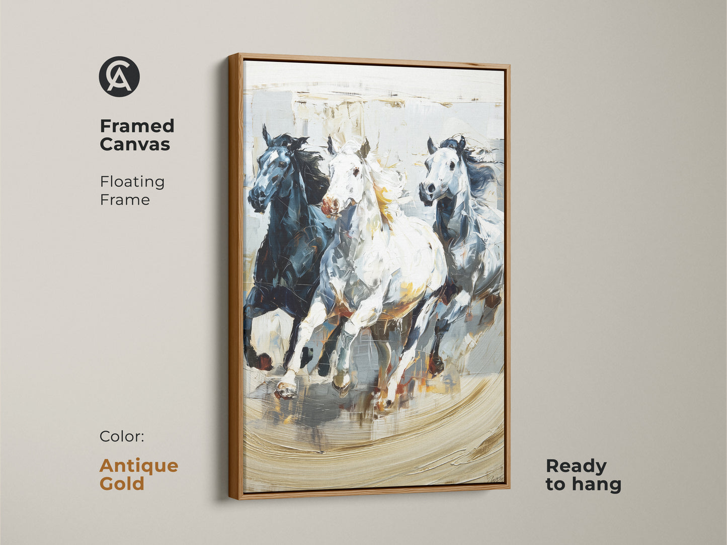 Framed canvas featuring galloping horses in an impressionistic style with a floating antique gold frame. The black white and gray animal nature artwork is ready to hang. This dynamic equine art is perfect for eclectic homes and horse enthusiasts. The modern animal artwork is a unique housewarming gift. It captures wild horse movement.
