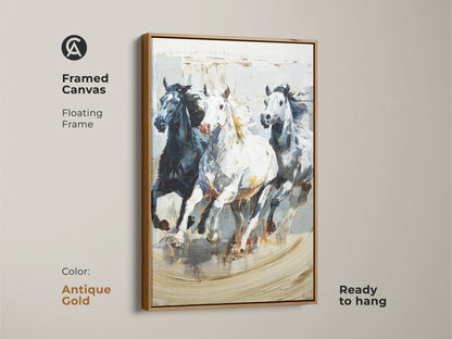 Framed canvas featuring galloping horses in an impressionistic style with a floating antique gold frame. The black white and gray animal nature artwork is ready to hang. This dynamic equine art is perfect for eclectic homes and horse enthusiasts. The modern animal artwork is a unique housewarming gift. It captures wild horse movement.