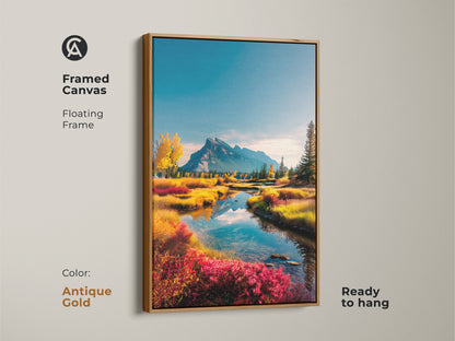 Antique gold framed canvas art featuring a mountain river. The floating frame provides an elegant look. It’s ready to hang. This beautiful landscape art will complement your walls.
