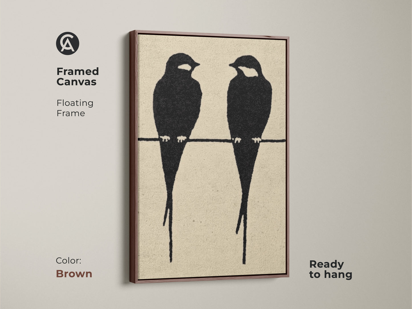 Framed canvas featuring minimalist bird artwork in a brown floating frame. The modern abstract animal art showcases two black bird silhouettes. This black cream art print offers a Scandinavian aesthetic. Ready to hang this contemporary artwork is a great gift for home decor. Perfect minimalist bedroom art.