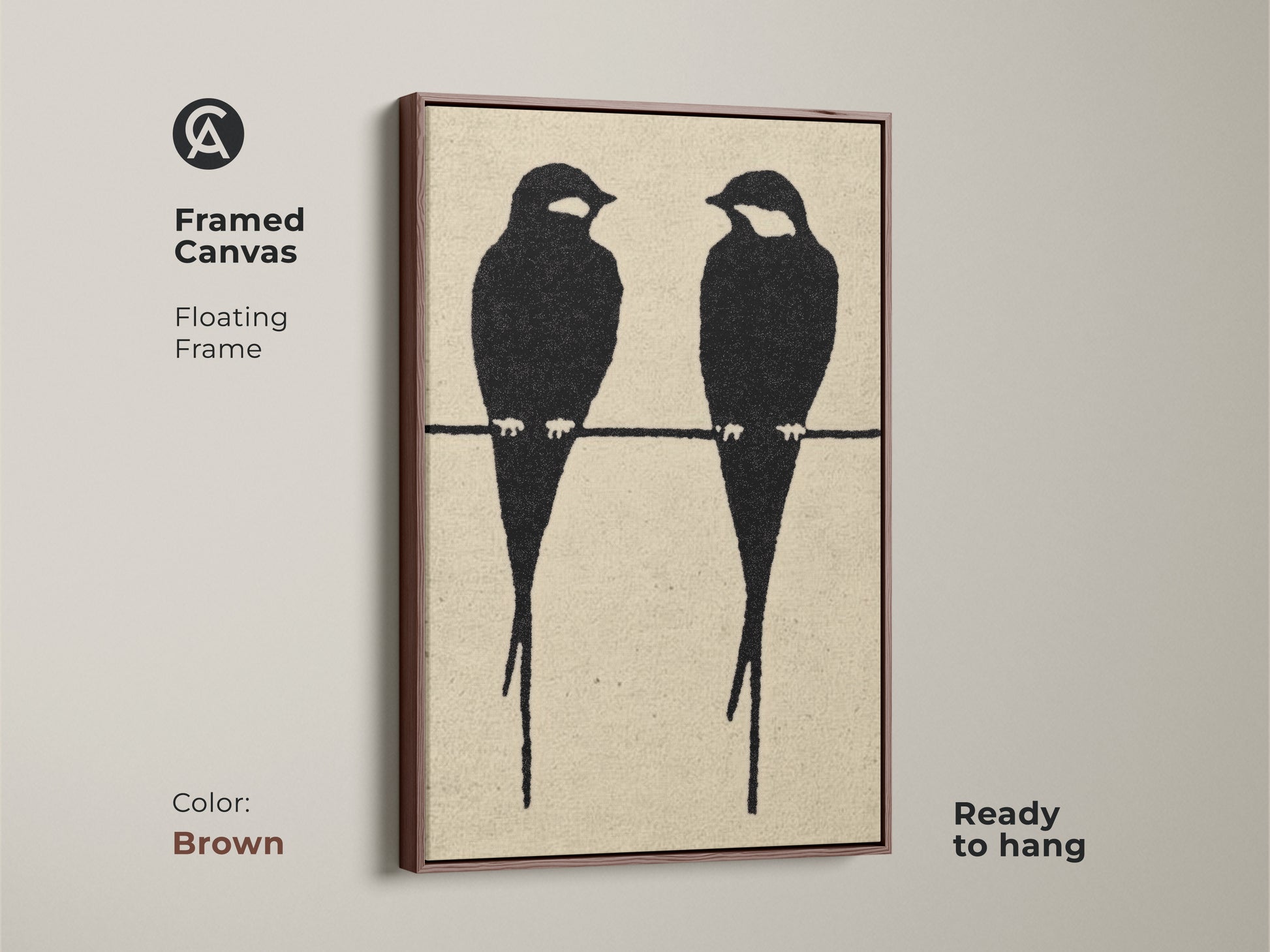 Framed canvas featuring minimalist bird artwork in a brown floating frame. The modern abstract animal art showcases two black bird silhouettes. This black cream art print offers a Scandinavian aesthetic. Ready to hang this contemporary artwork is a great gift for home decor. Perfect minimalist bedroom art.
