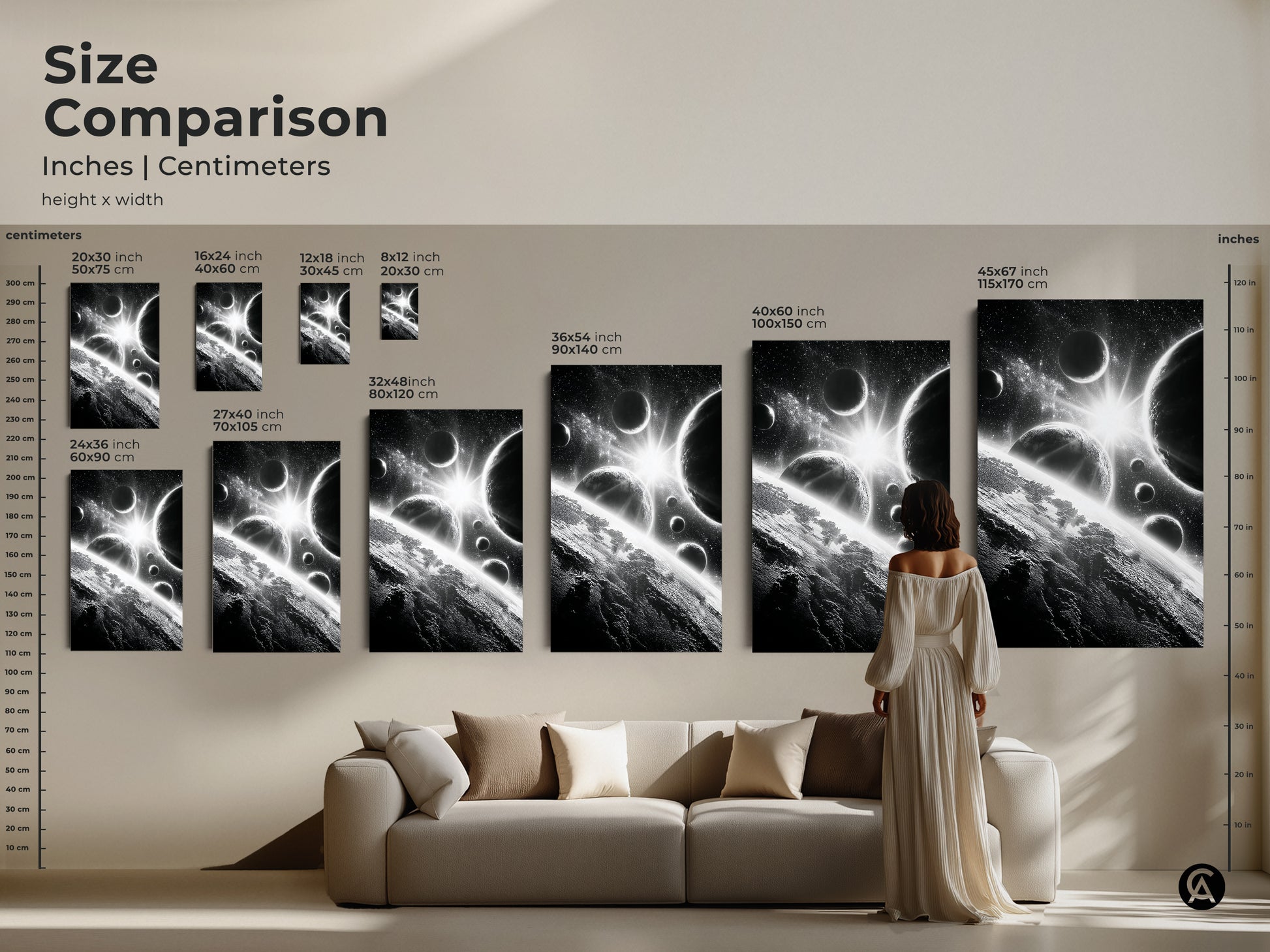 Size comparison of space artwork. See how the artwork looks in different sizes in inches and centimeters. Perfect for visualizing the art in your living room. Choose the best size for your home decor. Available in various dimensions to fit any space.