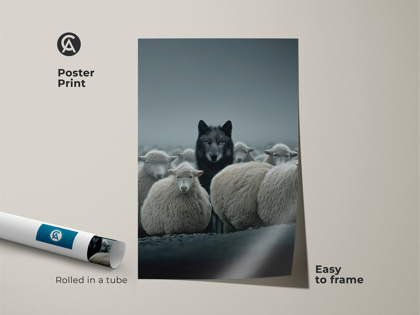 Poster print of a wolf surrounded by sheep. This dark academia art is easy to frame and adds an eclectic touch to your walls. Ideal for study rooms and gothic decor.