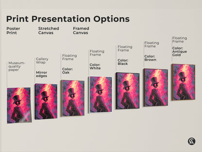 Explore print presentation options for museum-quality paper. Choose stretched canvas or framed canvas. Select a color frame in white black oak brown or antique gold. Find the perfect style for your art.
