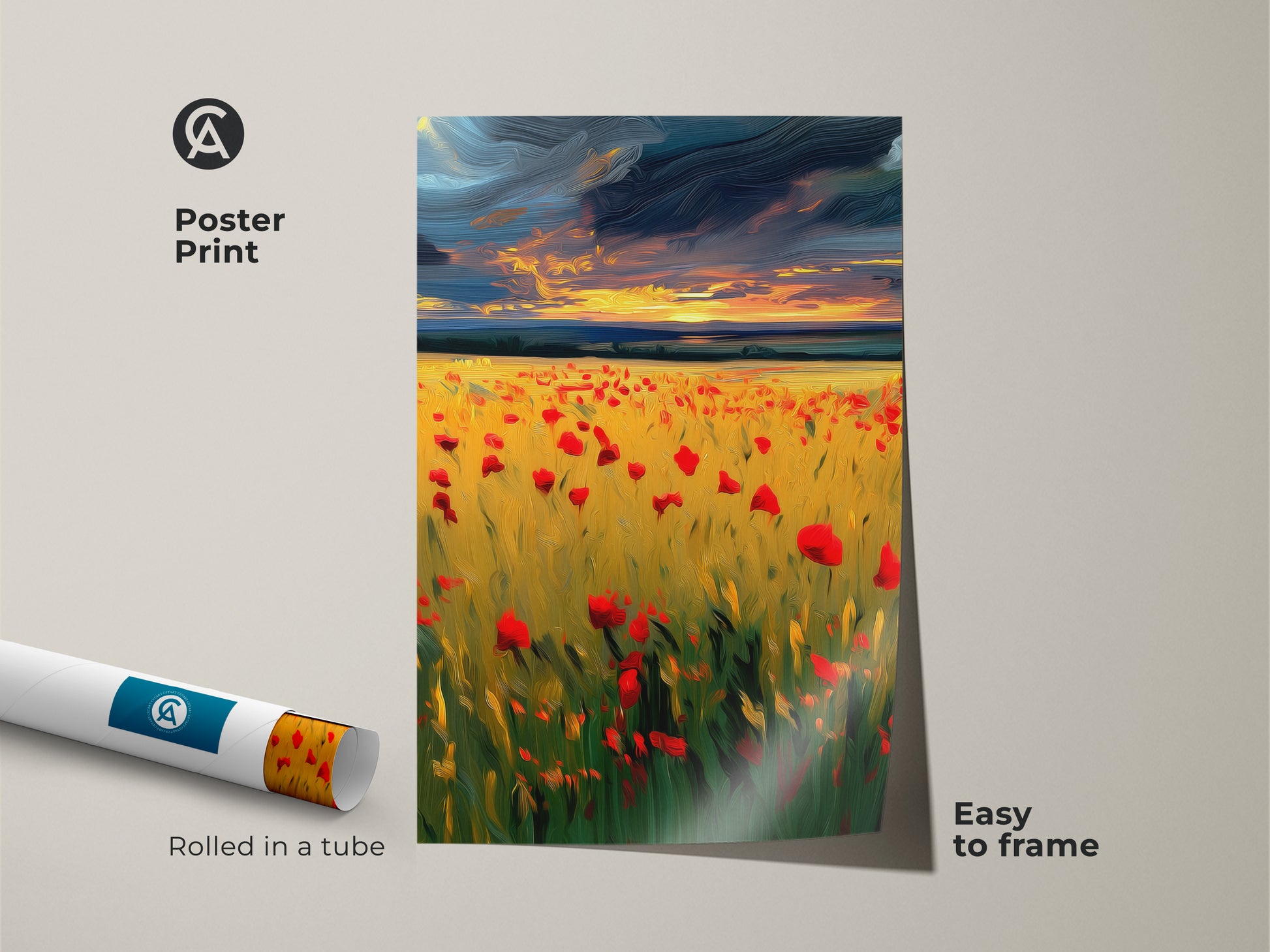 Easy to frame poster print displays a vibrant poppy field landscape. Rolled in a tube this sunset sky field art is perfect for nature lovers. A unique boho home decor print bringing the outdoors inside.