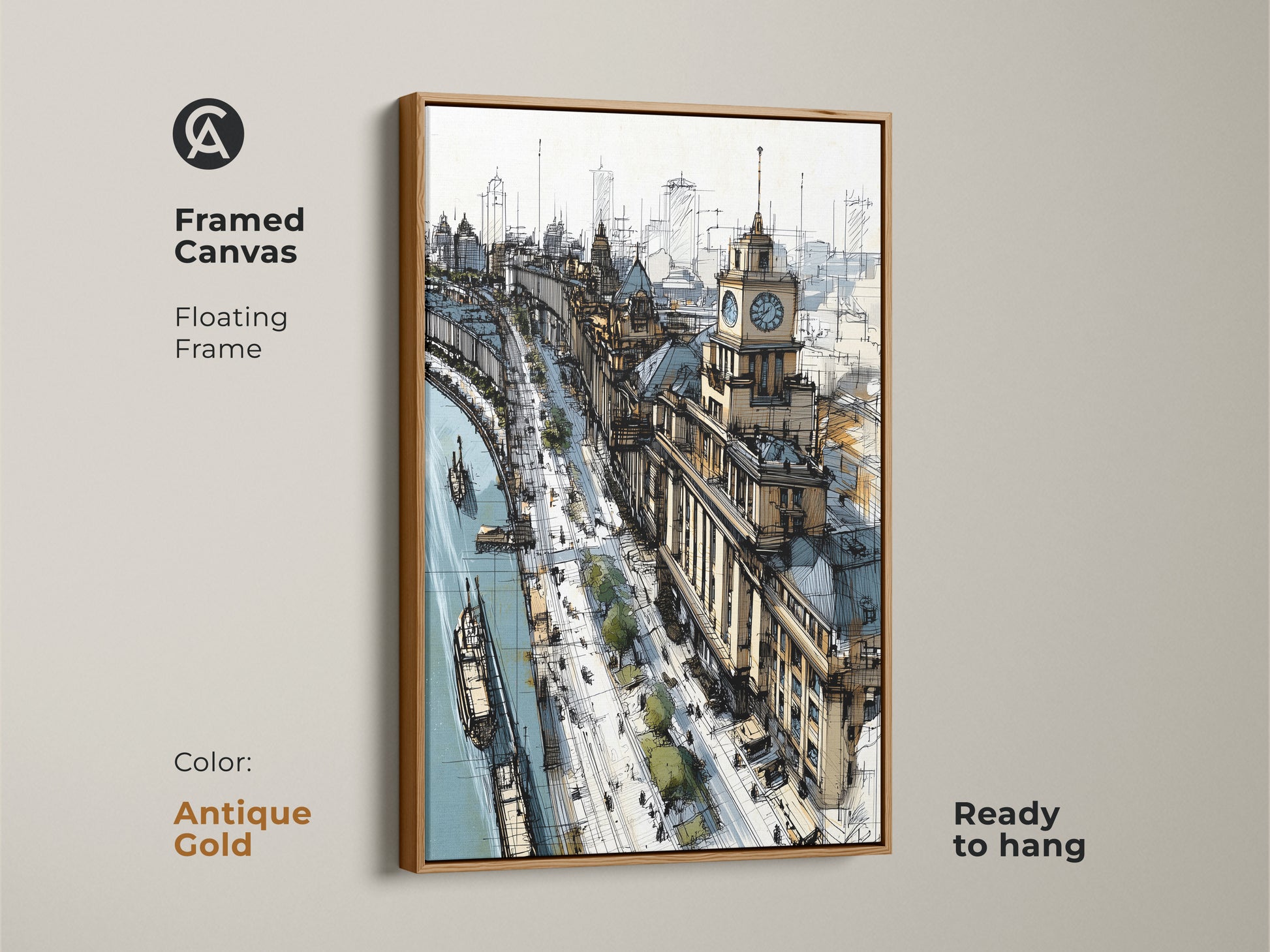 Framed canvas art showcases a cityscape sketch with a riverfront and clock tower in an antique gold floating frame. Contemporary tan and blue artwork is ready to hang. This travel-themed architectural line art enhances office or home decor. A unique housewarming gift.
