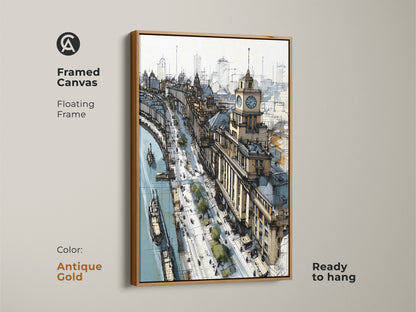 Framed canvas art showcases a cityscape sketch with a riverfront and clock tower in an antique gold floating frame. Contemporary tan and blue artwork is ready to hang. This travel-themed architectural line art enhances office or home decor. A unique housewarming gift.