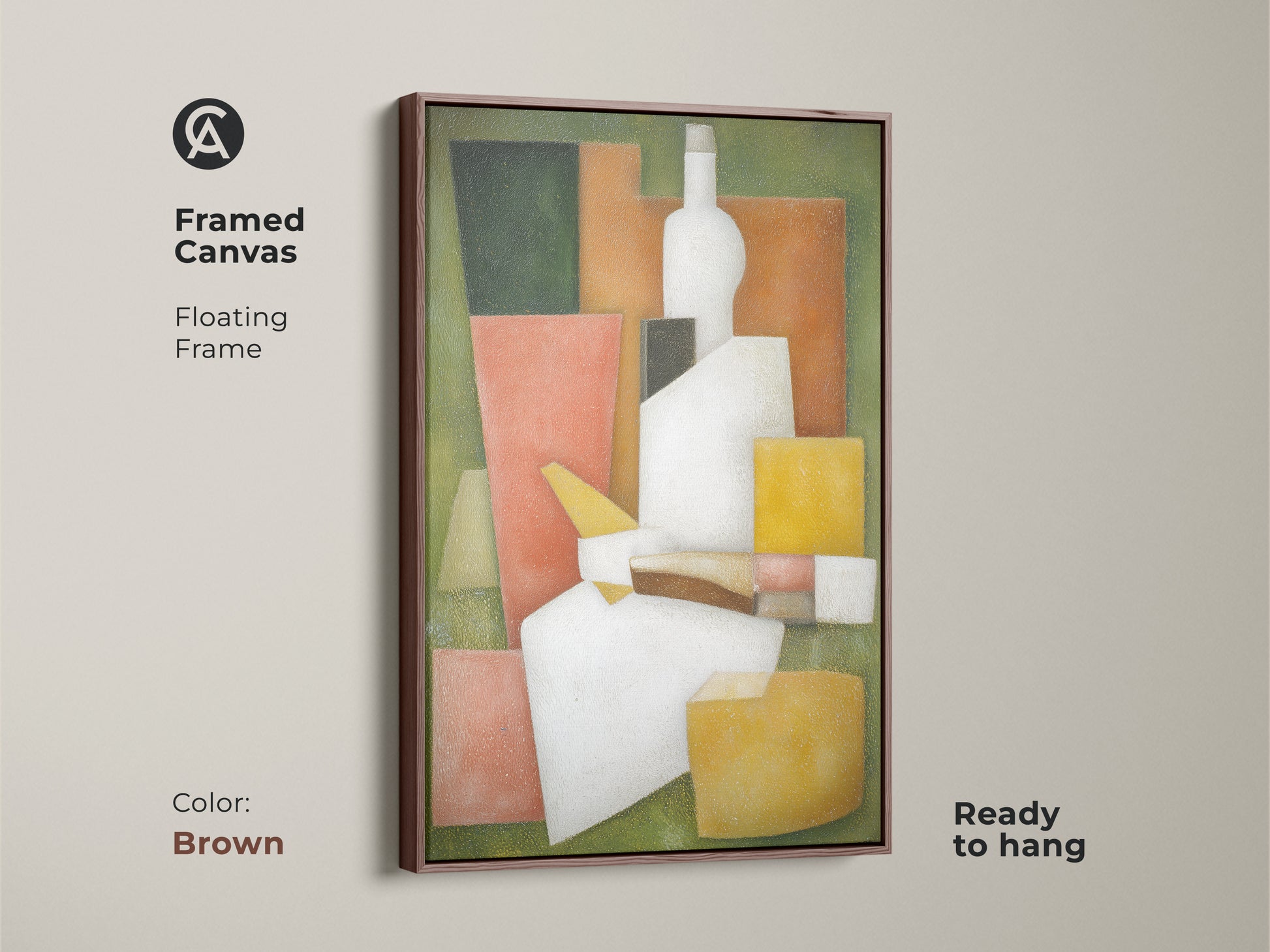Framed canvas showcasing a floating frame in brown. This modern cubist still life print is ready to hang. The geometric bottle artwork features green white and orange. It is a stylish and sophisticated piece for any room.