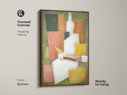 Framed canvas showcasing a floating frame in brown. This modern cubist still life print is ready to hang. The geometric bottle artwork features green white and orange. It is a stylish and sophisticated piece for any room.