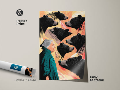 A poster print version of the surreal woman and bear art. Rolled in a tube frame for easy display. The eclectic animal wall art includes black teal yellow canvas art. Great animal lover birthday gift.