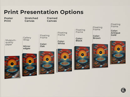 Print Presentation Options. Poster Print is museum-quality paper. Stretched Canvas has Gallery Wrap mirror edges. Framed Canvas has floating frame and various color options like oak white black brown and antique gold.