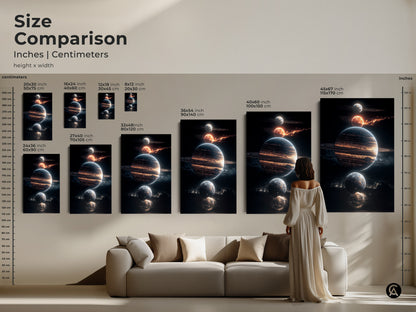 Size comparison of planets art in inches and centimeters. Artwork sizes range from small to large. Visualize the art in your living room. This art will transform your space.